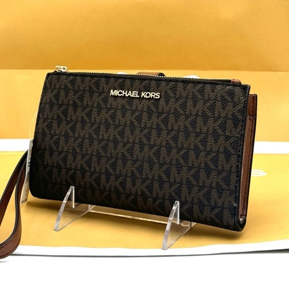 Michael Kors Double Zip Wallet Wristlet Brown Signature - Picture 2 of 8